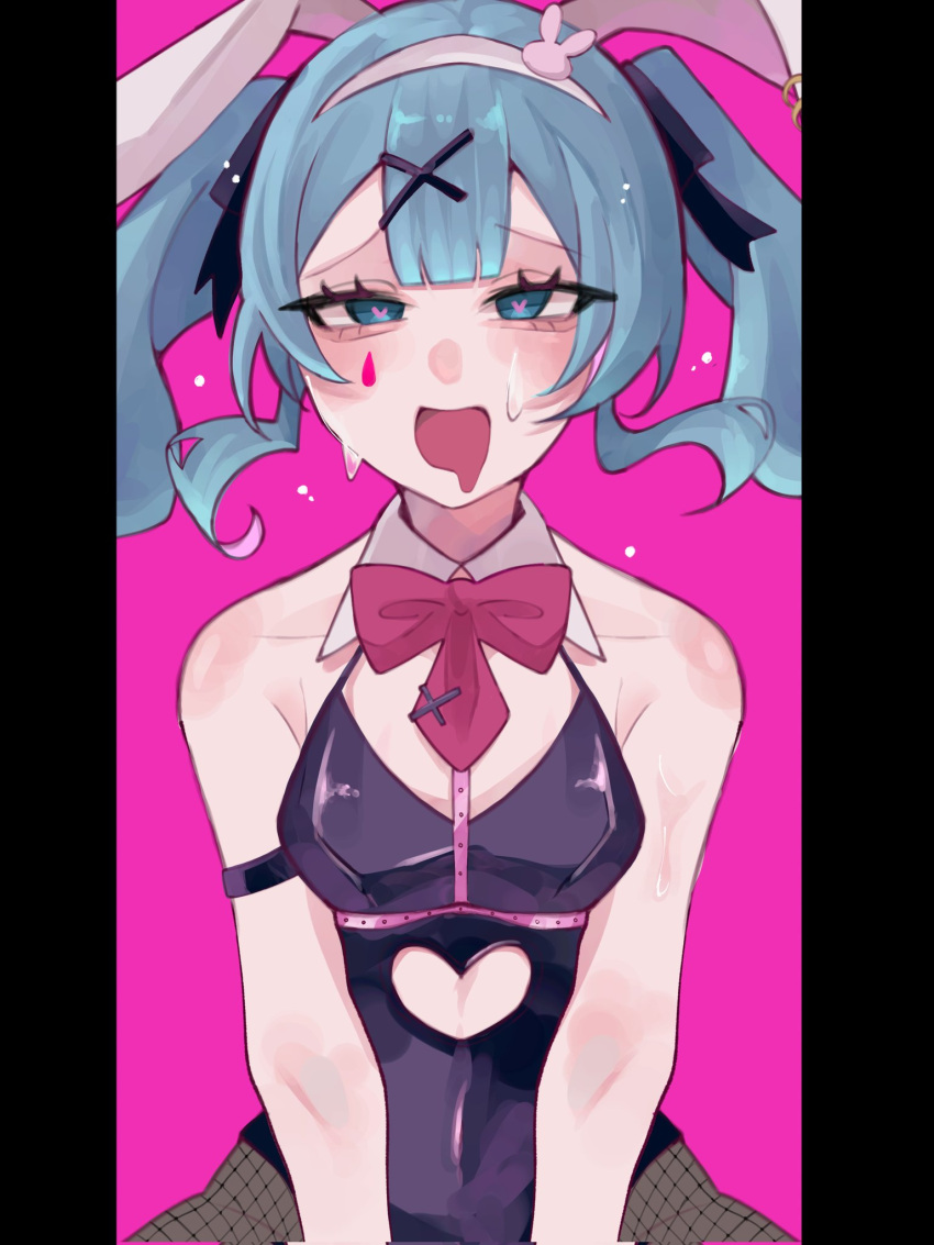 1girl :d animal_ears armlet bare_shoulders black_leotard black_pantyhose blue_eyes blue_hair blush bow bowtie breasts clothing_cutout collarbone cowboy_shot detached_collar fake_animal_ears fishnet_pantyhose fishnets hair_ornament hairband hatsune_miku heart heart-shaped_pupils highleg highleg_leotard highres iminigemini leotard long_hair looking_at_viewer medium_breasts open_mouth pantyhose pillarboxed pink_background playboy_bunny rabbit_ears rabbit_hole_(vocaloid) red_bow red_bowtie sidelocks simple_background smile solo stomach_cutout straight-on sweat symbol-shaped_pupils teardrop_facial_mark twintails vocaloid white_hairband x_hair_ornament