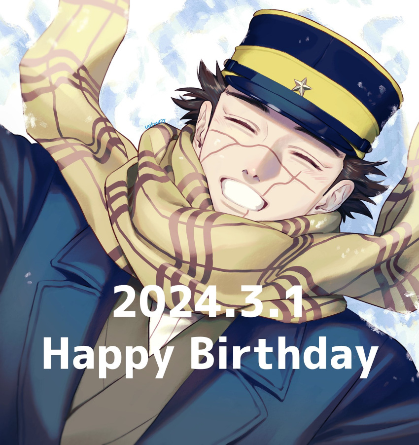 1boy birthday closed_eyes from_above golden_kamuy happy_birthday hat highres ikeine_2gf kepi lying male_focus military_hat on_back on_ground scar scar_on_cheek scar_on_face scar_on_nose short_hair snow solo sugimoto_saichi upper_body