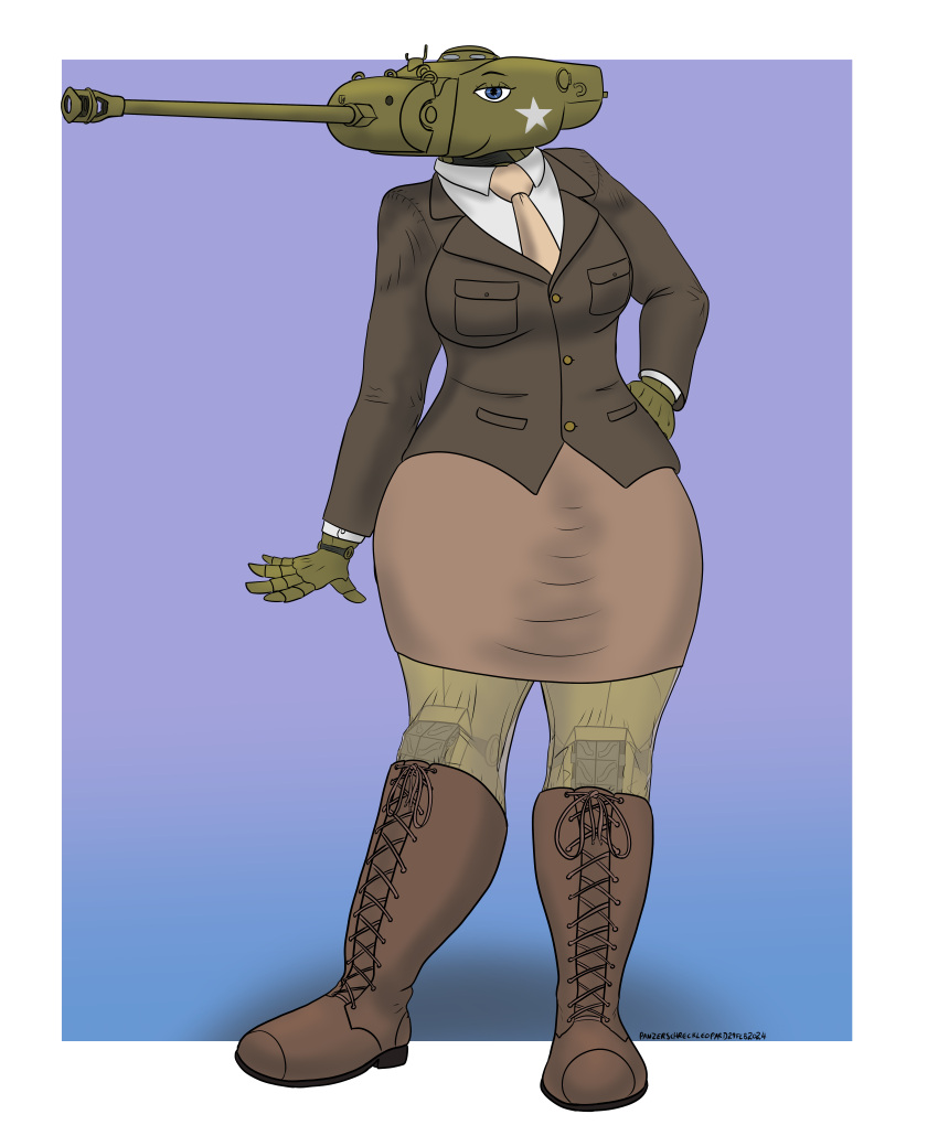 2024 5:6 absurd_res anthro big_breasts blue_eyes boots bottomwear breasts brown_clothing clothing colored female footwear green_body hand_on_hip hi_res knee_boots knee_highs legwear living_machine living_tank living_vehicle looking_at_viewer m26_pershing machine necktie panzerschreckleopard scarlett_(panzerschreckleopard) skirt solo suit tan_clothing tank vehicle white_clothing wide_hips