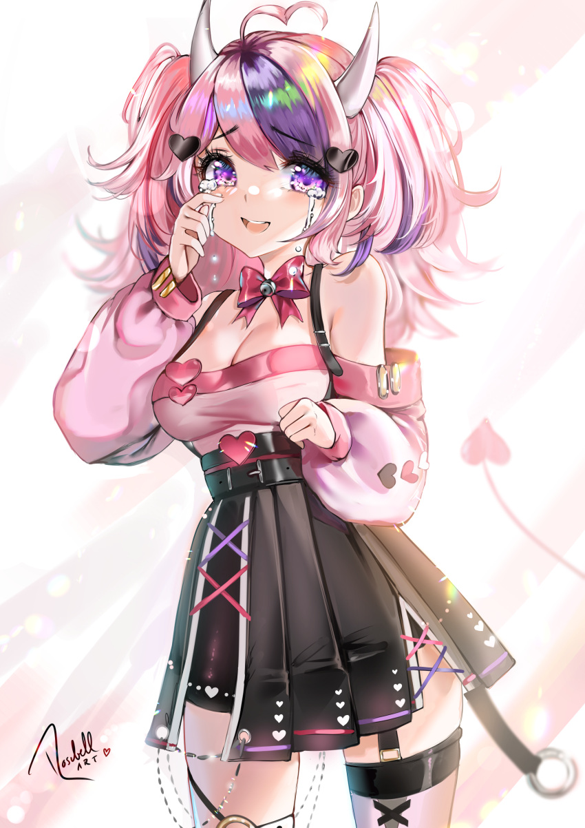 1girl absurdres ahoge black_skirt bow bowtie breasts cleavage demon_girl demon_horns demon_tail hair_ornament heart heart_ahoge heart_hair_ornament highres horns ironmouse ironmouse_(1st_costume) large_breasts long_hair multicolored_hair pink_bow pink_hair pink_shirt purple_eyes purple_hair rosebell shirt skirt smile solo streaked_hair tail tears teeth twintails upper_teeth_only virtual_youtuber vshojo