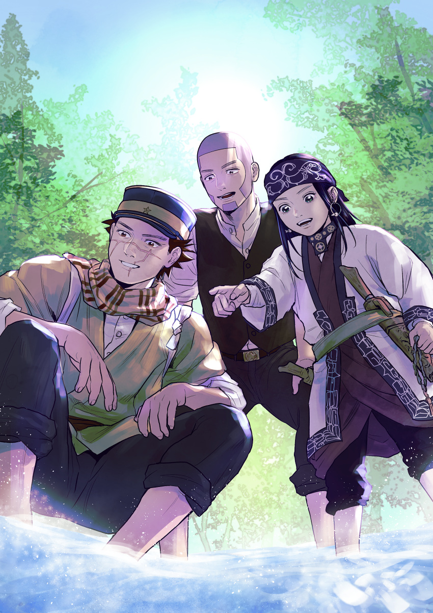 2boys asirpa buzz_cut feet_out_of_frame forest from_below ganpiro golden_kamuy happy hat highres kepi lake long_sideburns military_hat multiple_boys nature pointing scar scar_on_cheek scar_on_face scar_on_nose shiraishi_yoshitake short_hair sideburns smile squatting standing sugimoto_saichi sunlight very_short_hair