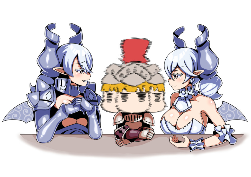 3girls afterimage armor blonde_hair breasts cleavage demon_wings diti_(selecta) dress dual_persona duel_monster grey_eyes grey_hair knight_(yu-gi-oh!) lady_labrynth_of_the_silver_castle large_breasts long_hair looking_at_another lovely_labrynth_of_the_silver_castle multiple_girls pointy_ears short_hair simple_background smile the_weaker_sex_1_(gibson) white_background wings yu-gi-oh! yuri