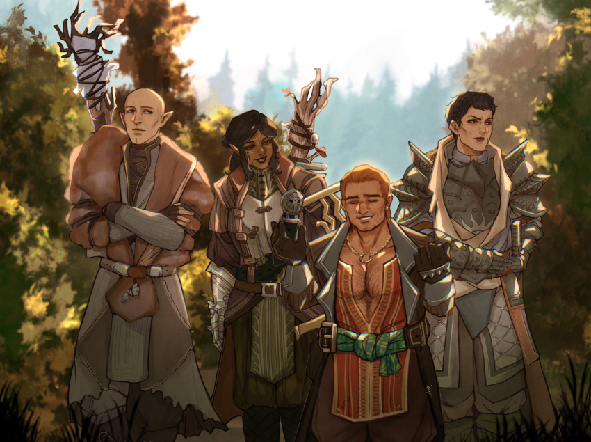 2boys 2girls armor bald black_hair brown_hair cassandra_pentaghast chest_hair closed_eyes cowboy_shot crossed_arms dark-skinned_female dark_skin day dragon_age dragon_age:_inquisition dwarf earrings elf facial_tattoo forest fur-trimmed_armor fur_trim hejee highres inquisitor_(dragon_age) jewelry looking_at_another looking_to_the_side mature_male medium_hair multiple_boys multiple_girls nature necklace orange_hair outdoors pectoral_cleavage pectorals pointy_ears scar scar_on_cheek scar_on_face short_hair smile solas tattoo varric_tethras