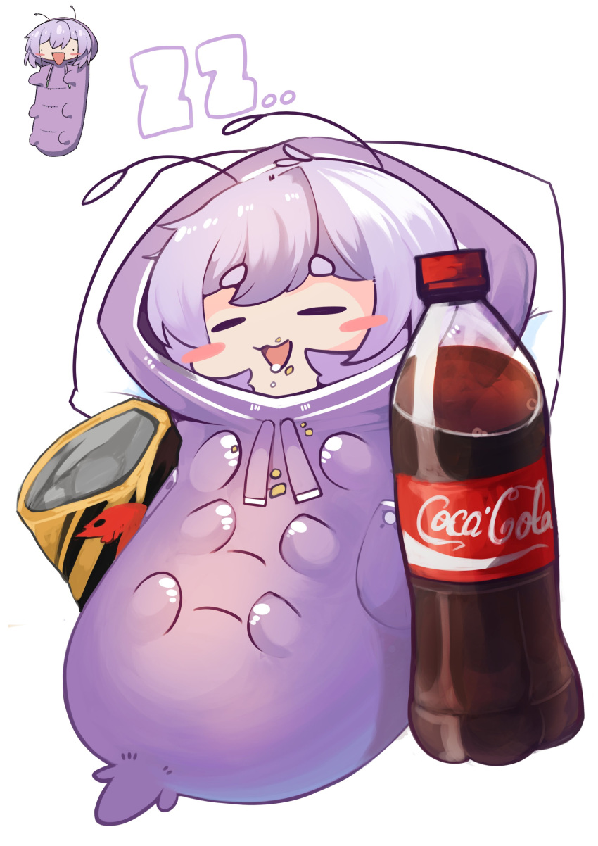 1girl absurdres antennae bag blush_stickers borrowed_character chips_(food) closed_eyes coca-cola commentary crumbs food food_on_face highres nn_(eogks) open_mouth original pillow plastic_bag purple_hair reference_inset sleeping sleeping_bag soda_bottle solo white_background zzz