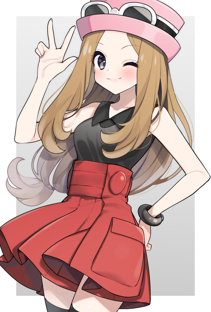 1girl bare_shoulders black_shirt blonde_hair blush collarbone commentary_request eyewear_on_headwear grey_eyes hand_on_own_hip highres long_hair looking_at_viewer mega_ring pink_headwear pokemon pokemon_xy red_skirt serena_(pokemon) shirt simple_background skirt sleeveless sleeveless_shirt solo w yuihico