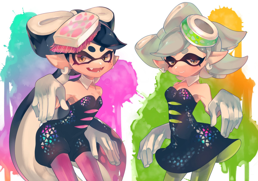 2girls bare_arms bare_shoulders black_dress black_hair black_jumpsuit bow-shaped_hair breasts callie_(splatoon) cocktail_dress collarbone cousins detached_collar dress earrings fangs food food_on_head gloves gradient_hair green_pantyhose grey_hair highres hoop_earrings inkling jewelry jumpsuit long_hair marie_(splatoon) mole mole_under_eye multicolored_hair multiple_girls object_on_head pantyhose pink_pantyhose pointy_ears short_dress short_jumpsuit short_ponytail small_breasts splatoon_(series) squid_girl ss08ro1 strapless strapless_dress sushi swept_bangs tentacle_hair thick_eyebrows twintails white_gloves yellow_eyes