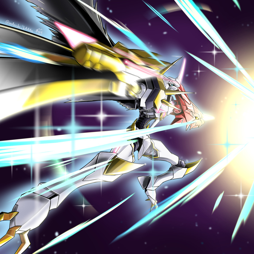 absurdres arm_blade blue_eyes cape commentary_request digimon digimon_adventure:_(2020) extra_eyes extra_mouth galaxy glowing glowing_eyes glowing_horns highres horns manchi_kansuke mecha no_humans omegamon_alter-s robot slashing spikes torn_cape torn_clothes twitter_username weapon