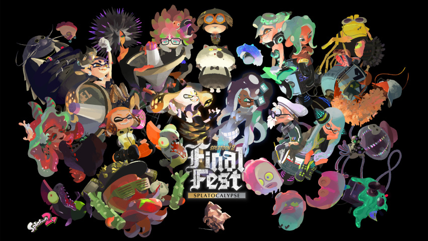 absurdres anemo_(splatoon) aori_(splatoon) beret bizen_(splatoon) black_background bukichi_(splatoon) commander_atarime commander_tartar conductor_namako copyright_name crossed_arms crown dark_skin daunii_(splatoon) dj_takowasa ebii_(splatoon) formal grin hat highres hime_(splatoon) hotaru_(splatoon) iida_(splatoon) inkling inoue_seita jajji-kun_(splatoon) kojajji-kun_(splatoon) kumano_(splatoon) kumasan_(splatoon) megaphone miura_(splatoon) octarian octoling official_art phone rob_(splatoon) salmonid shiganii_(splatoon) shutter_shades sitting slime smile spiky_(splatoon) splatoon_(series) splatoon_2 squidbeak_splatoon suit sunglasses tentacle_hair wasabi