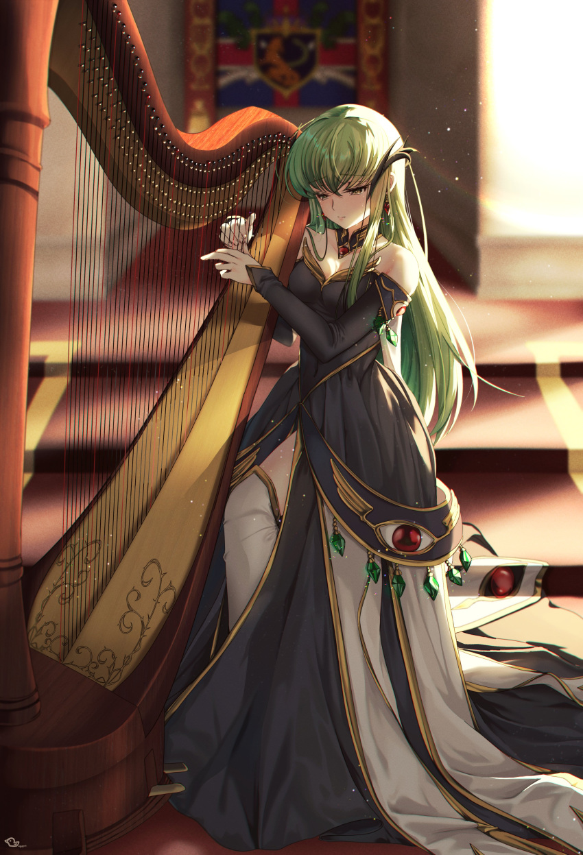 1girl absurdres backlighting bare_shoulders black_dress blurry blurry_background blush breasts budgiepon c.c. cleavage closed_mouth code_geass commentary crying crying_with_eyes_open detached_collar dress drop_earrings earrings full_body gem green_gemstone green_hair hair_between_eyes harp highres hip_vent indoors instrument jewelry light_particles long_dress long_hair medium_breasts music off-shoulder_dress off_shoulder playing_instrument red_gemstone sad sad_smile sidelocks signature sleeves_past_wrists solo split_mouth standing straight_hair tears thighhighs tsurime very_long_hair white_thighhighs yellow_eyes