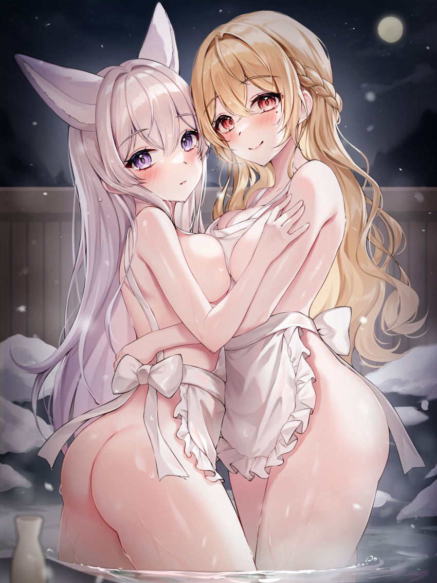 2girls absurdres animal_ears apron arched_back ass blonde_hair braid breast_press breasts cleavage closed_mouth commission cream_(cream) extra_ears fox_ears frilled_apron frills from_behind highres kuca_(ku_ca18) long_hair looking_at_viewer looking_back looking_to_the_side medium_breasts mole mole_under_eye multiple_girls naked_apron night onsen original outdoors purple_eyes red_eyes second-party_source smile standing symmetrical_docking very_long_hair wading water wavy_hair white_apron white_hair