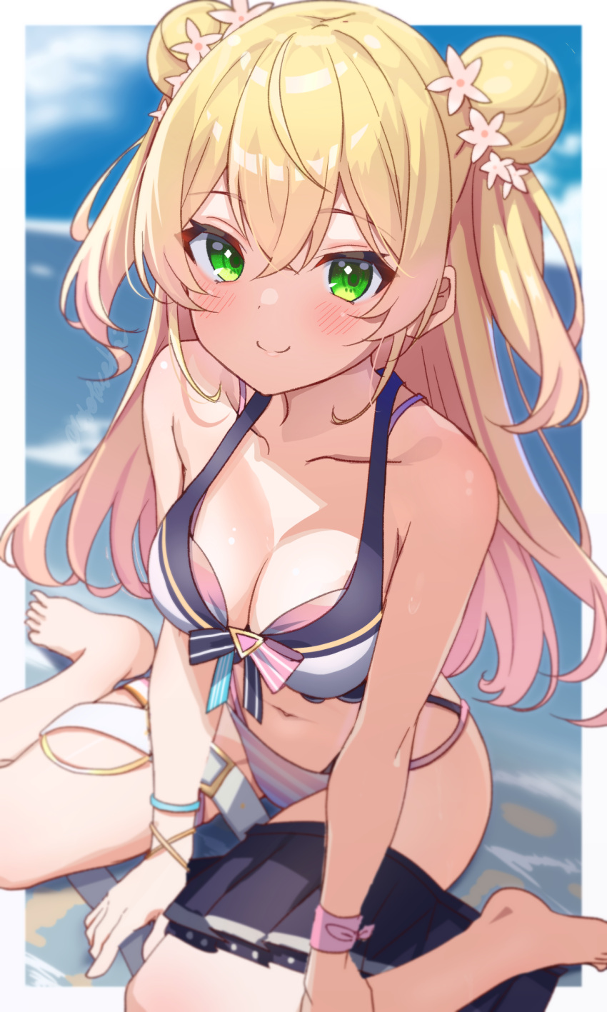 1girl barefoot belt bikini blonde_hair breasts cleavage collarbone double_bun green_eyes hair_bun highres hololive hololive_summer_2023_swimsuit long_hair medium_breasts mismatched_bikini momosuzu_nene navel official_alternate_costume pink_bikini sitting skirt smile solo striped_bikini striped_clothes swimsuit thigh_strap toketa-sekai unworn_skirt virtual_youtuber wariza white_belt