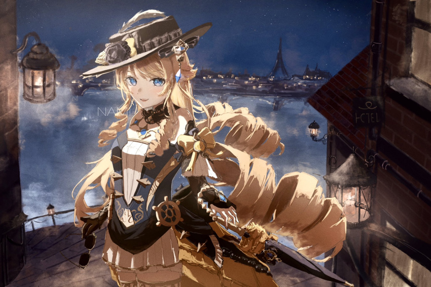 1girl black_headwear blonde_hair blue_eyes cityscape cowboy_shot drill_hair eiffel_tower genshin_impact gold_trim hat highres lamp namito_nami navia_(genshin_impact) outdoors sidelocks sign skirt solo standing thighhighs twin_drills water white_skirt white_thighhighs zettai_ryouiki