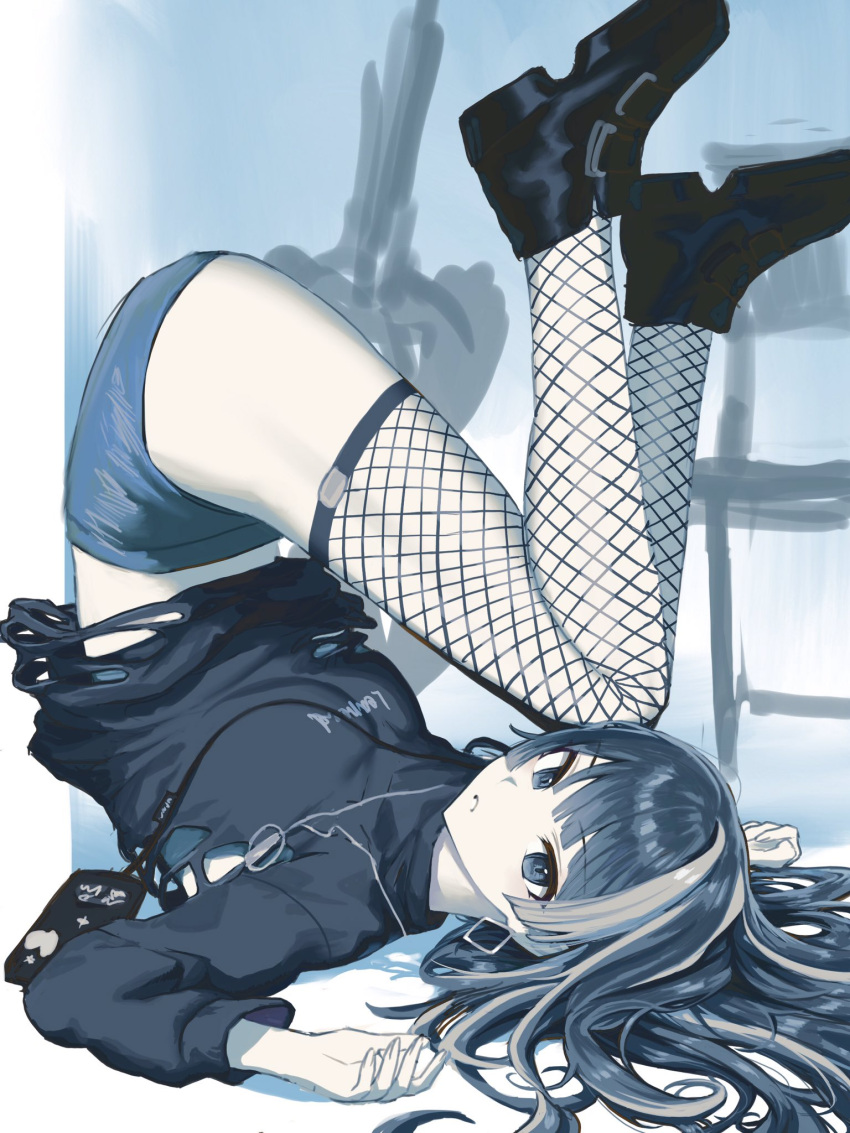 1girl anpontan black_eyes black_footwear black_hair black_sweater blue_shorts blue_undershirt blunt_bangs boots commentary earrings fishnet_thighhighs fishnets grey_hair hair_flowing_over highres hoshino_ichika_(project_sekai) jewelry lanyard legs_over_head legs_up looking_at_viewer lying multicolored_hair official_alternate_costume official_alternate_hair_color official_alternate_hairstyle on_back parted_lips shorts sidelocks smartphone_case solo streaked_hair sweater thighhighs torn_clothes torn_sweater zozotown