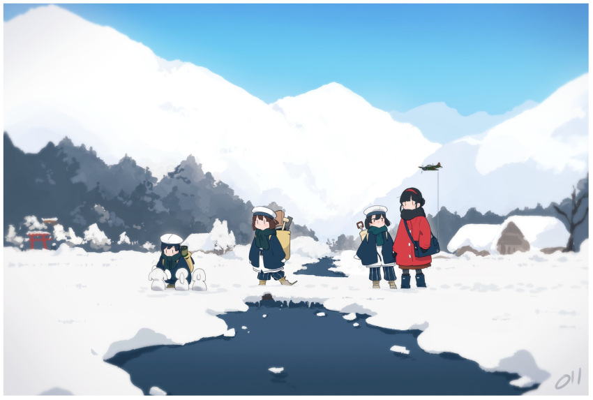 4girls a6m5_zero aircraft alternate_hair_color anchor_symbol backpack bag black_hair black_scarf blue_footwear blue_pants blue_sky blunt_bangs boots border bow brown_hair center-flap_bangs character_snowman coat daitou_(kancolle) day dress green_scarf grey_footwear hair_bow hairband hat hiburi_(kancolle) highres house kantai_collection light_blush long_sleeves looking_at_another ma_rukan mountain multiple_girls outdoors pants red_bow red_coat red_hairband sailor_hat scarf scenery shirt short_hair short_ponytail shounan_(kancolle) sidelocks signature sky snow snowman standing stream torii tree twintails white_border white_dress winter winter_clothes winter_coat yawata_maru_(kancolle)