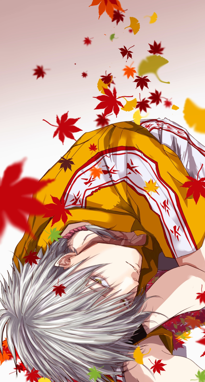 1boy absurdres commentary_request falling_leaves feet_out_of_frame fugusashi_(fgss2089) grey_hair grin hair_between_eyes highres leaf long_bangs looking_at_viewer lying male_focus maple_leaf medium_hair niou_masaharu on_side rattail shirt short_sleeves shorts smile solo tennis_no_ouji-sama white_shorts yellow_eyes yellow_shirt