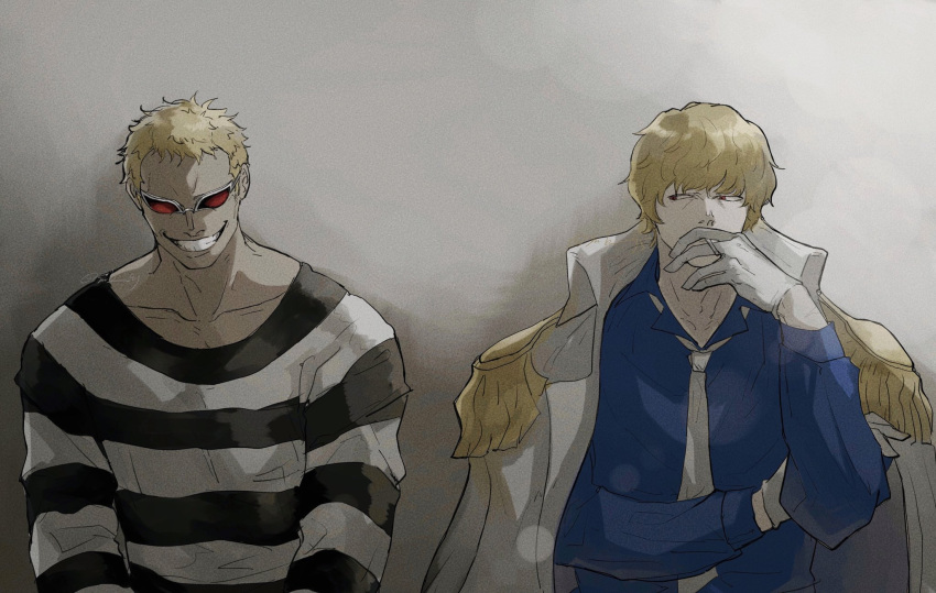 2boys blonde_hair blue_shirt brothers coat coat_on_shoulders collarbone donquixote_doflamingo donquixote_rocinante gloves grey_background grin highres long_sleeves looking_at_another male_focus multiple_boys necktie one_piece prison_clothes red-tinted_eyewear shirt short_hair siblings smile smoking sub_45 tinted_eyewear upper_body white-framed_eyewear white_gloves white_necktie