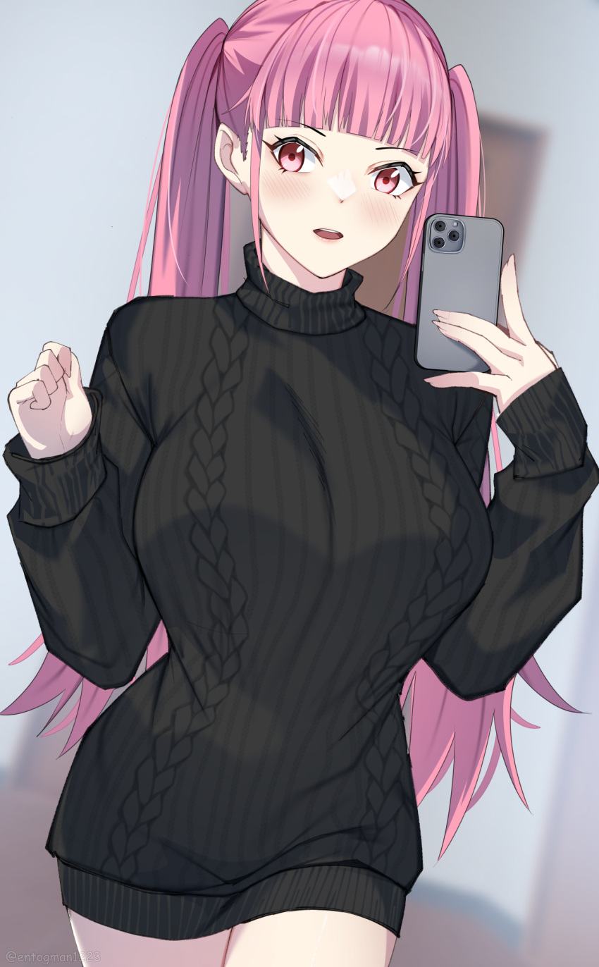 1girl alternate_costume black_sweater blunt_bangs blurry blurry_background breasts cable_knit cellphone cowboy_shot dress entogman fire_emblem fire_emblem:_three_houses highres hilda_valentine_goneril holding holding_phone indoors large_breasts long_hair long_sleeves open_mouth phone pink_eyes pink_hair ribbed_sweater sleeves_past_wrists smartphone solo sweater sweater_dress teeth turtleneck turtleneck_sweater twintails upper_teeth_only