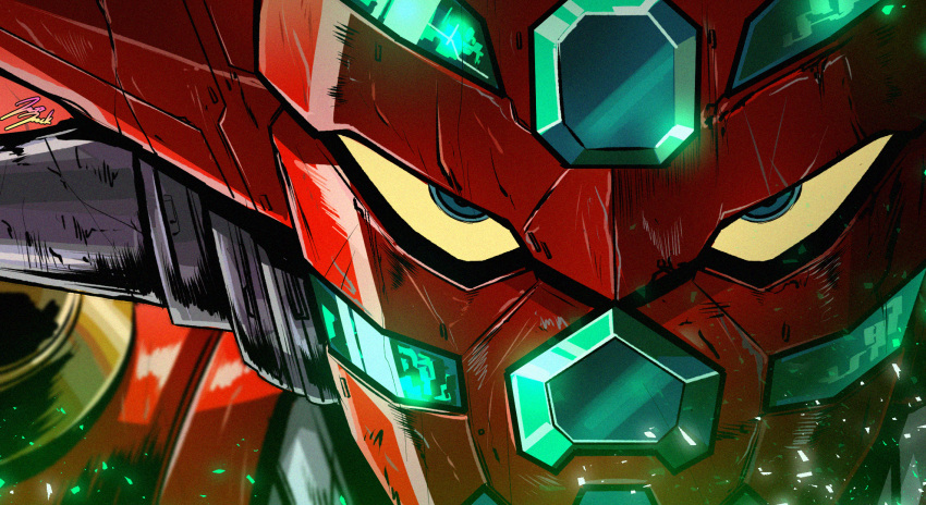 close-up colored_sclera getter_robo glowing green_eyes highres jazz_jack mecha mecha_focus no_humans portrait robot shin_getter-1 shin_getter_robo signature super_robot yellow_sclera