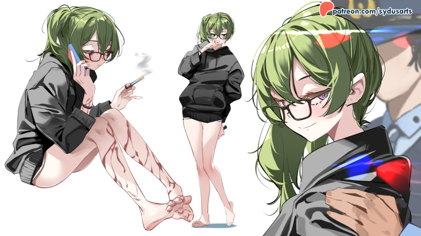 1girl alternate_costume arrest bare_legs bespectacled black-framed_eyewear black_hoodie black_shorts blood blood_on_arm blood_on_leg blush cigarette contemporary dolphin_shorts faceless faceless_other glasses green_hair holding holding_cigarette holding_phone hood hoodie knees_up looking_at_viewer multiple_views patreon_logo phone police short_shorts shorts side_ponytail sideways_glance simple_background sitting smile smoking sousou_no_frieren standing sydus talking_on_phone toes ubel_(sousou_no_frieren) white_background