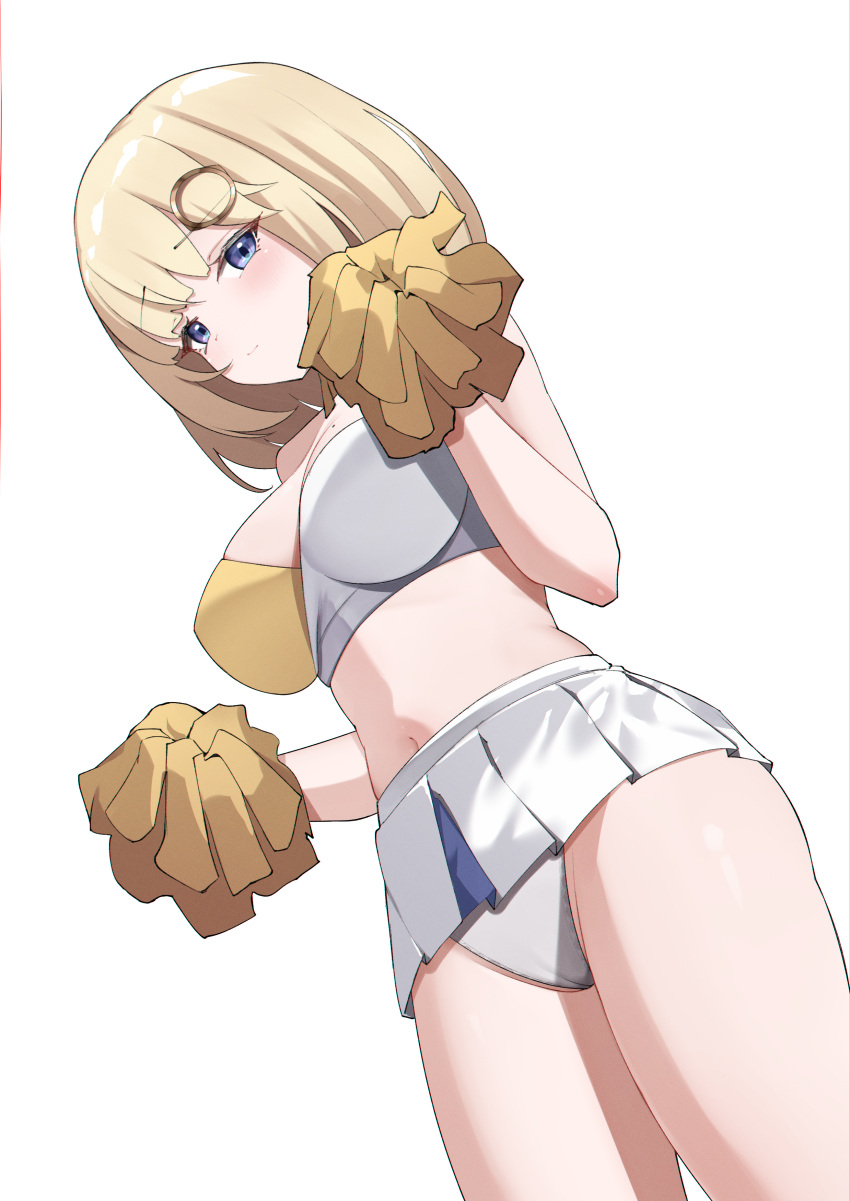 1girl absurdres alternate_costume blonde_hair blue_eyes breasts cleavage closed_mouth commentary crop_top embarrassed hair_ornament highres holding holding_pom_poms hololive hololive_english large_breasts looking_at_viewer microskirt midriff mole mole_on_breast navel panties pom_pom_(cheerleading) short_hair simple_background skaarl_(artist) skirt solo stomach thighs underwear virtual_youtuber watson_amelia white_background white_panties white_skirt