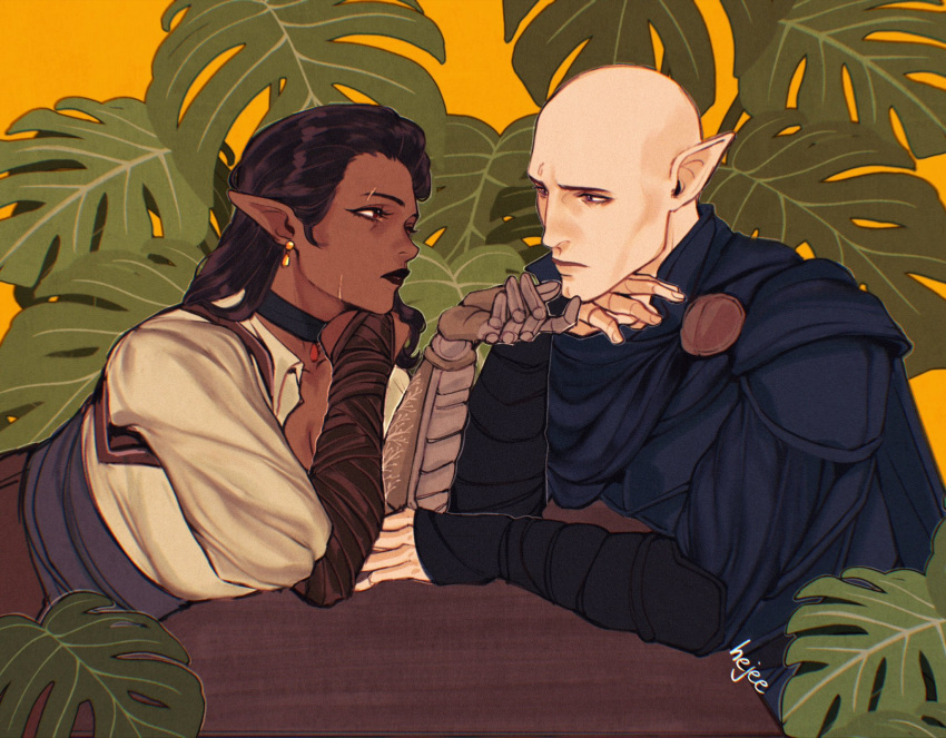1boy 1girl bald black_lips blue_cape breasts brown_hair cape cleavage cleft_chin dark-skinned_female dark_skin dragon_age dragon_age:_inquisition elf eye_contact hand_on_another's_chin hejee hetero highres inquisitor_(dragon_age) looking_at_another mature_male medium_hair monstera_deliciosa pointy_ears solas upper_body yellow_background