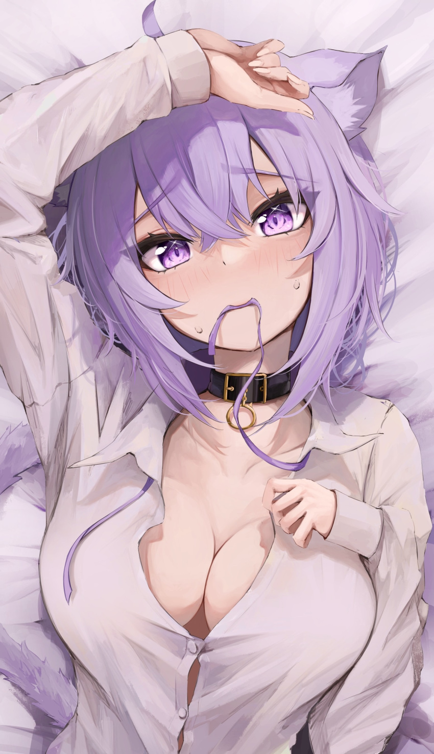 1girl absurdres animal_ears blush breasts cat_ears cleavage collarbone highres hololive large_breasts mouth_hold nekomata_okayu nekomata_okayu_(oversized_shirt) official_alternate_costume partially_unbuttoned purple_eyes purple_hair ribbon ribbon_in_mouth samu_(sam_deg369) shirt solo upper_body virtual_youtuber white_shirt