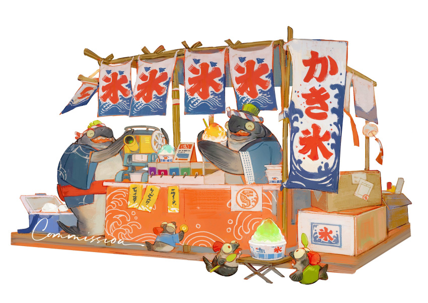absurdres big_shot_(splatoon) box cardboard_box coin commission creamyghost food food_stand hachimaki headband highres holding holding_coin holding_spoon ice_shaver kooribata nejiri_hachimaki no_humans open_mouth salmonid shaved_ice smallfry_(splatoon) splatoon_(series) splatoon_3 spoon table tagme white_background wind_chime