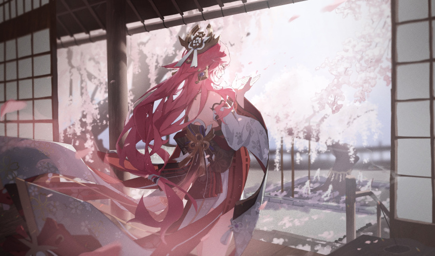 1girl absurdres animal_ear_piercing animal_ears bare_shoulders blurry blurry_background cherry_blossoms closed_mouth detached_sleeves falling_petals floating_clothes floating_hair floral_print fox_ears genshin_impact hair_ornament hands_up highres japanese_clothes kimono long_hair long_sleeves namito_nami obi petals pink_hair rope sash shide shimenawa shouji sliding_doors solo very_long_hair yae_miko