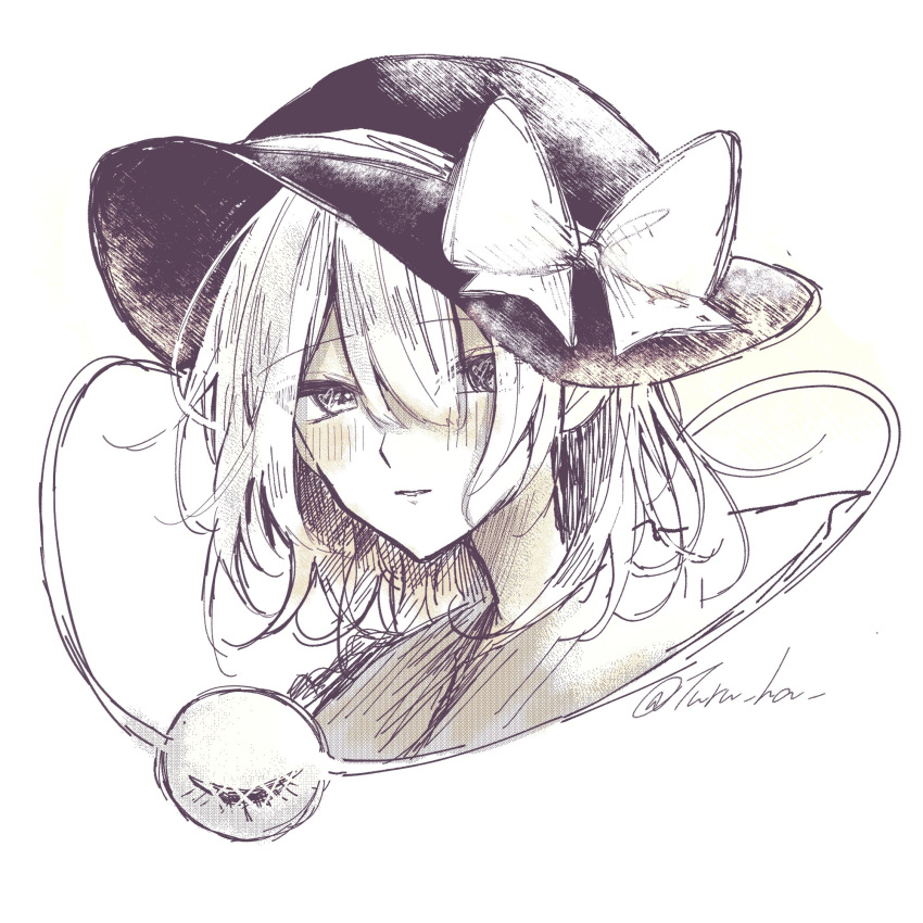 1girl annin_cha blush bow hat hat_bow highres komeiji_koishi looking_at_viewer short_hair simple_background sketch solo third_eye touhou traditional_media twitter_username upper_body