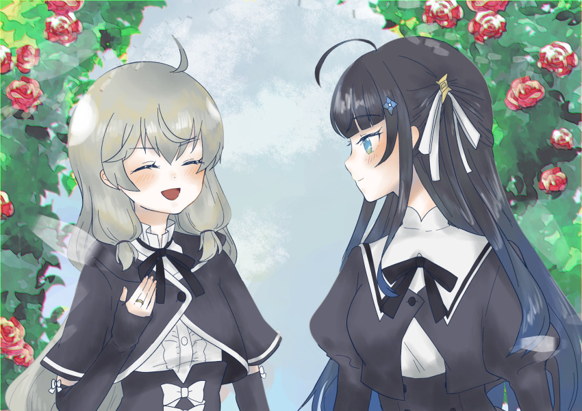 2girls :d ahoge arm_at_side arms_at_sides assault_lily black_hair black_ribbon black_skirt blue_eyes blue_flower blue_hair blunt_bangs blush bow breasts buttons center_frills chromatic_aberration closed_mouth commentary cropped_jacket day detached_sleeves facing_another flower frilled_shirt frilled_shirt_collar frilled_sleeves frills fumi_(fumifumi3axl) gradient_hair grey_hair hair_flower hair_ornament hair_ribbon hand_up high-waist_skirt highres hood hood_down jewelry juliet_sleeves kanabako_misora long_hair long_sleeves looking_at_another looking_to_the_side medium_breasts mozuna_noa multicolored_hair multiple_girls neck_ribbon one_side_up open_mouth outdoors profile puffy_sleeves red_flower red_rose ribbon ring rose school_uniform shirt short_sleeves skirt sleeves_past_wrists smile two-tone_hair underbust upper_body very_long_hair white_bow white_ribbon white_shirt yurigaoka_girls_academy_school_uniform