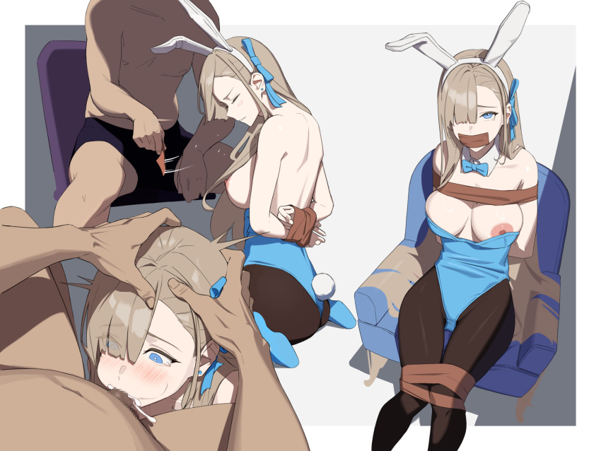 1boy 1girl animal_ears arms_behind_back asuna_(blue_archive) asuna_(bunny)_(blue_archive) black_pantyhose blue_archive blue_eyes blue_footwear blue_leotard bound bound_legs bound_wrists bow bowtie breasts closed_eyes commission cum cum_in_mouth deepthroat detached_collar fake_animal_ears fake_tail fellatio gag hair_over_one_eye hair_ribbon hands_on_another's_head hetero highres improvised_gag leotard light_brown_hair long_hair multiple_views nipples no_halo oral pantyhose pixiv_commission playboy_bunny rabbit_ears rabbit_tail ribbon shoes simple_background sitting strapless strapless_leotard tail tape tape_gag tears traditional_bowtie very_long_hair yoroshinbo