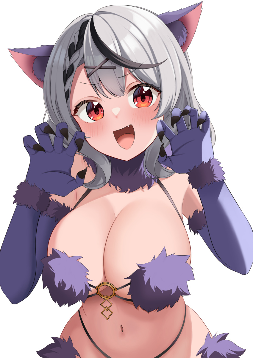 1girl 9696k absurdres animal_ears bikini black_hair braid breasts claw_pose cleavage cosplay elbow_gloves fake_animal_ears fang fate/grand_order fate_(series) fur-trimmed_bikini fur-trimmed_gloves fur_trim gloves grey_hair hair_ornament hairpin highres hololive large_breasts long_hair looking_at_viewer mash_kyrielight mash_kyrielight_(cosplay) mash_kyrielight_(dangerous_beast) mash_kyrielight_(dangerous_beast)_(cosplay) midriff multicolored_hair navel o-ring o-ring_bikini o-ring_top open_mouth purple_bikini purple_gloves red_eyes revealing_clothes sakamata_chloe simple_background single_braid solo streaked_hair swimsuit virtual_youtuber white_background wolf_ears x_hair_ornament