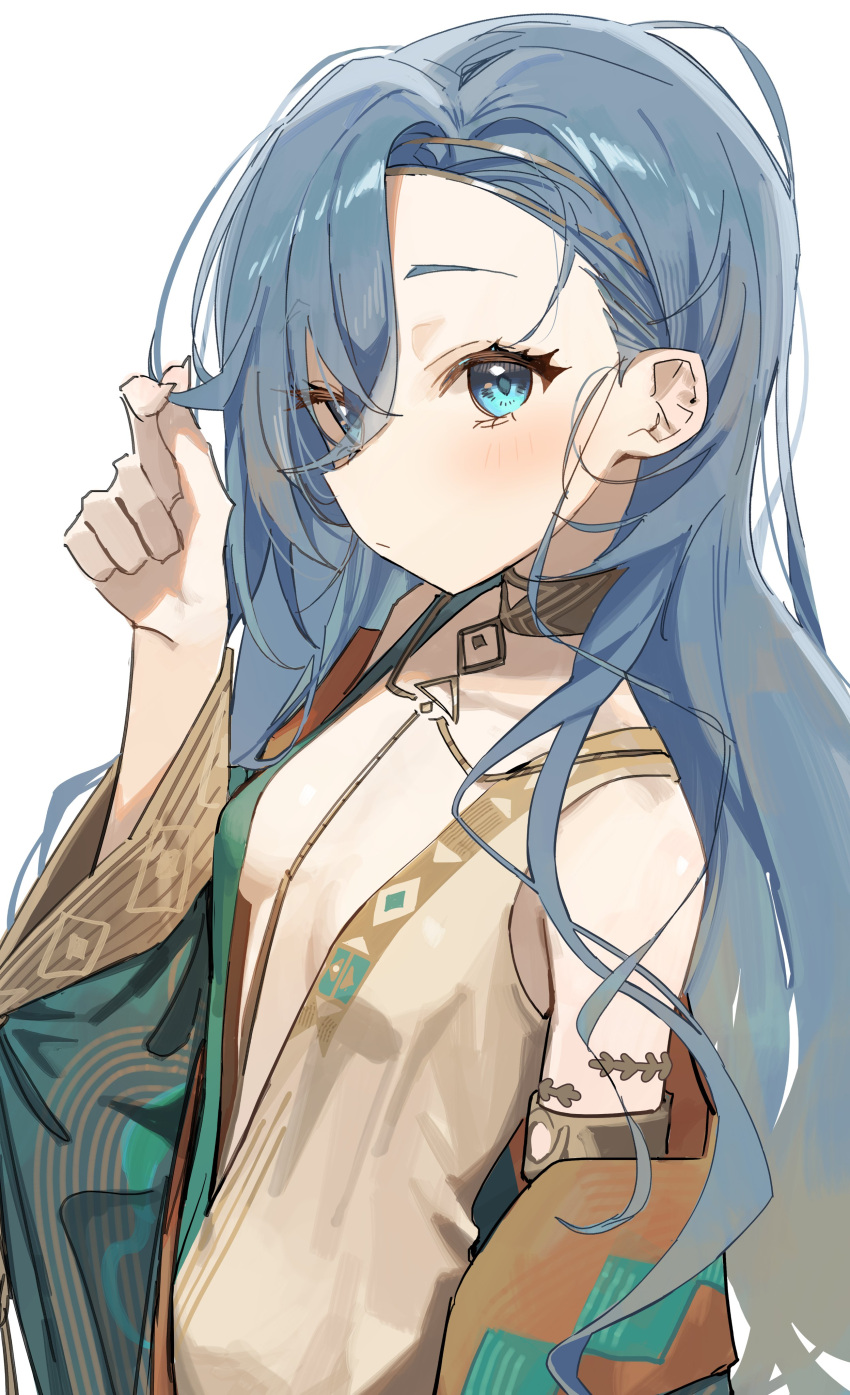 1girl 37_(reverse:1999) absurdres ancient_greek_clothes blue_eyes blue_hair blush breasts choker closed_mouth gold_choker greco-roman_clothes hair_between_eyes hair_twirling highres long_hair looking_at_viewer reverse:1999 simple_background small_breasts solo syhan toga upper_body white_background wide_sleeves