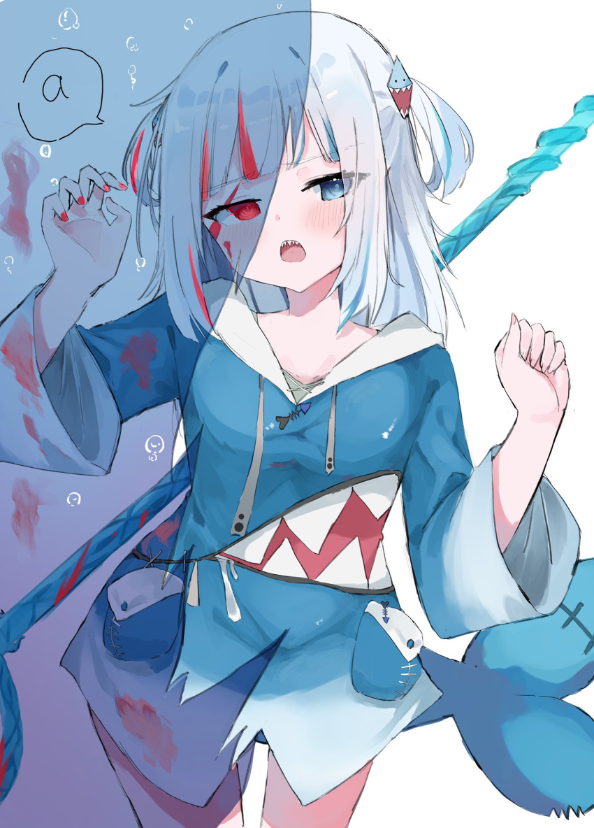 1girl a_(phrase) animal_costume animal_hood blood blood_on_face blue_eyes blue_hair blush fins fish_tail gawr_gura grey_hair hair_ornament highres hololive hololive_english hood long_hair looking_at_viewer multicolored_hair open_mouth polearm red_eyes red_hair red_nails shark_costume shark_girl shark_hair_ornament shark_hood shark_print shark_tail sharp_teeth simple_background solo streaked_hair tail teeth trident virtual_youtuber weapon white_background yuizayoi962