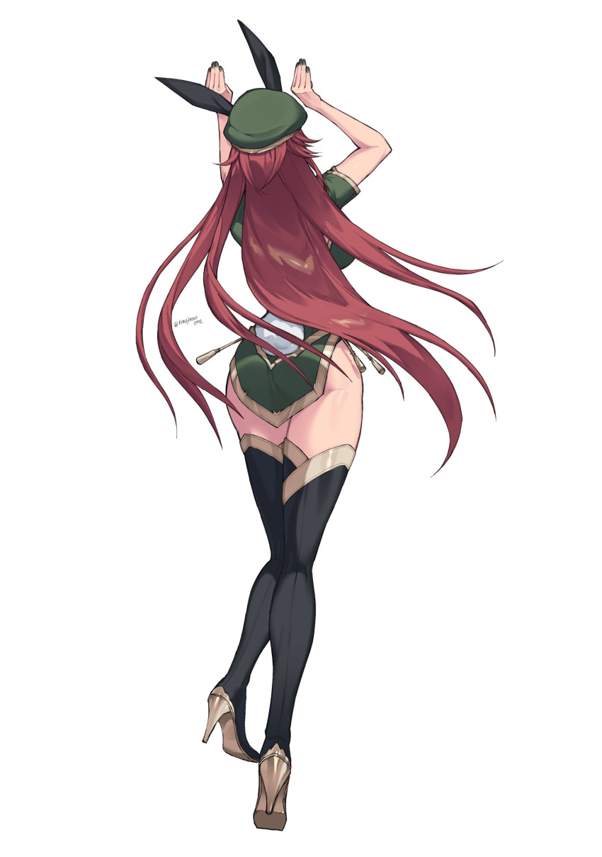 1girl animal_ears ass beret boots braid breasts cleavage fake_animal_ears full_body gold_trim green_headwear hat hat_ornament high_heels highres himadera hong_meiling large_breasts leotard loincloth long_hair playboy_bunny rabbit_ears rabbit_pose red_hair shrug_(clothing) simple_background smile solo star_(symbol) star_hat_ornament strapless strapless_leotard thigh_boots thighs touhou twin_braids white_background