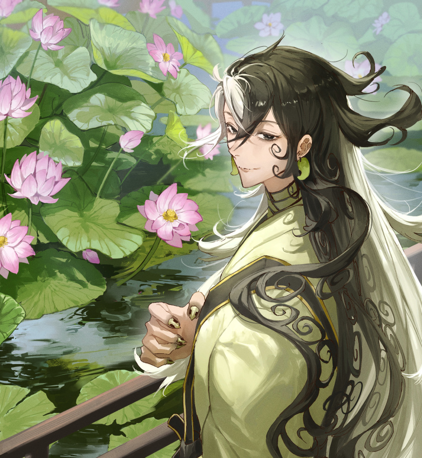 1boy ashiya_douman_(fate) asymmetrical_hair black_hair closed_mouth curly_hair earrings english_commentary fate/grand_order fate_(series) fence fingernails flower green_kimono green_nails grey_eyes hair_between_eyes hand_up highres japanese_clothes jewelry kimono lily_pad looking_at_viewer looking_back magatama magatama_earrings male_focus multicolored_hair nail_polish outdoors pink_flower pond ripples sharp_fingernails smile solo split-color_hair upper_body water water_lily_flower white_hair zuraa_(naunau_seijin)