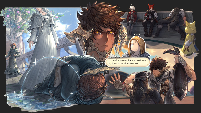 &gt;:) ... 4boys 4girls alisaie_leveilleur animal arms_at_sides au_ra black_border bloodshot_eyes blue_sky border brown_gloves brown_hair capelet cloud commentary constricted_pupils crying crying_with_eyes_open daijanaikedo day dragon_boy dragon_horns drawstring english_commentary english_text fetal_position final_fantasy final_fantasy_xiv fingerless_gloves fish g'raha_tia gloves hand_wraps highres holding holding_animal holding_fish hood hood_down hooded_capelet horns hugging_own_legs krile_mayer_baldesion_(ff14) long_hair looking_at_viewer lying male_focus mask mask_around_neck multiple_boys multiple_girls multiple_views on_side outdoors outside_border robe scales short_hair sitting sky smile snot sophist's_robe_(ff14) sparkle standing streaming_tears tassel tears unworn_mask v-shaped_eyebrows venat_(ff14) warrior_of_light_(ff14) wavy_hair white_capelet white_hair white_robe yellow_eyes zenos_yae_galvus