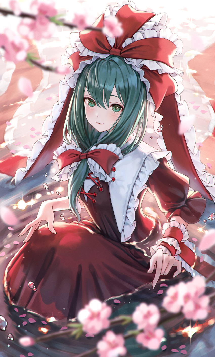 1girl absurdres arm_ribbon bow dress frilled_bow frilled_dress frills green_eyes green_hair highres kagiyama_hina looking_at_viewer puffy_short_sleeves puffy_sleeves red_bow red_ribbon ribbon short_sleeves smile solo torinari_(dtvisu) touhou