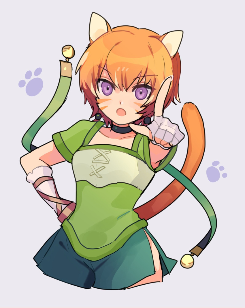 1girl animal_ears cat_ears cat_girl cat_tail choker facial_mark fire_emblem fire_emblem:_path_of_radiance fire_emblem:_radiant_dawn green_choker green_shorts highres kurimori lethe_(fire_emblem) orange_hair orange_tail purple_eyes shorts side_slit side_slit_shorts tail whisker_markings wrist_wrap