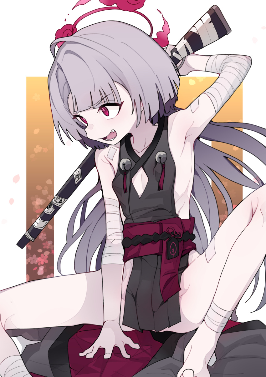 1girl absurdres armpits bandaged_arm bandages barefoot blue_archive breasts cleavage_cutout clothing_cutout collarbone commentary_request fang grey_hair halo highres long_hair obi open_mouth pearlgang_e red_eyes red_halo sash shuro_(blue_archive) sitting sleeveless small_breasts teeth thighs