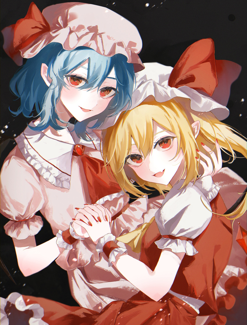 2girls absurdres black_background blonde_hair blue_hair flandre_scarlet hat highres holding_hands looking_at_viewer mob_cap multiple_girls pink_headwear red_eyes red_nails red_shirt red_skirt remilia_scarlet shirt skirt smile touhou uzmee white_headwear white_shirt white_skirt