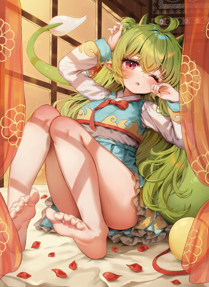 1girl absurdres ahoge arm_up arme_(cgsy7484) bare_legs barefoot blush breasts commission cropped_vest crossed_bangs dragon_girl dragon_horns dragon_tail elbow_gloves fang frilled_skirt frills full_body garam_(ryeoubi) gloves gourd green_horns green_skirt green_tail green_vest hair_between_eyes hanbok hand_up highres horns indoors jacket jeogori_(clothes) jokki_(clothes) korean_clothes korean_commentary long_hair long_sleeves medium_breasts one_eye_closed original petals pointy_ears red_curtains red_eyes red_ribbon ribbon sitting skirt slit_pupils small_horns soles solo tail vest white_jacket