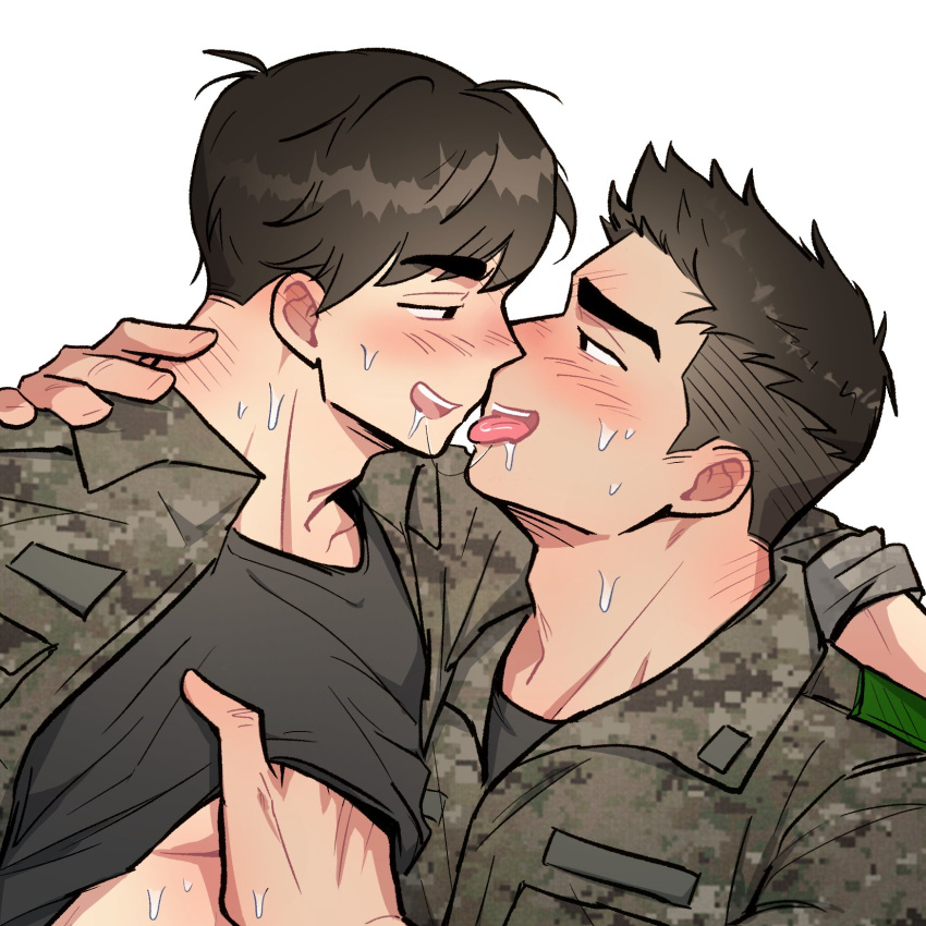 2boys after_kiss ao_isami bara black_hair blush character_request commission couple eye_contact face-to-face foreplay from_side half-closed_eyes highres looking_at_another male_focus multiple_boys profile saliva saliva_trail second-party_source short_hair smile sweat toned toned_male tongue tongue_out torogao undercut underpec upper_body wasted_m9 white_background yaoi yuuki_bakuhatsu_bang_bravern