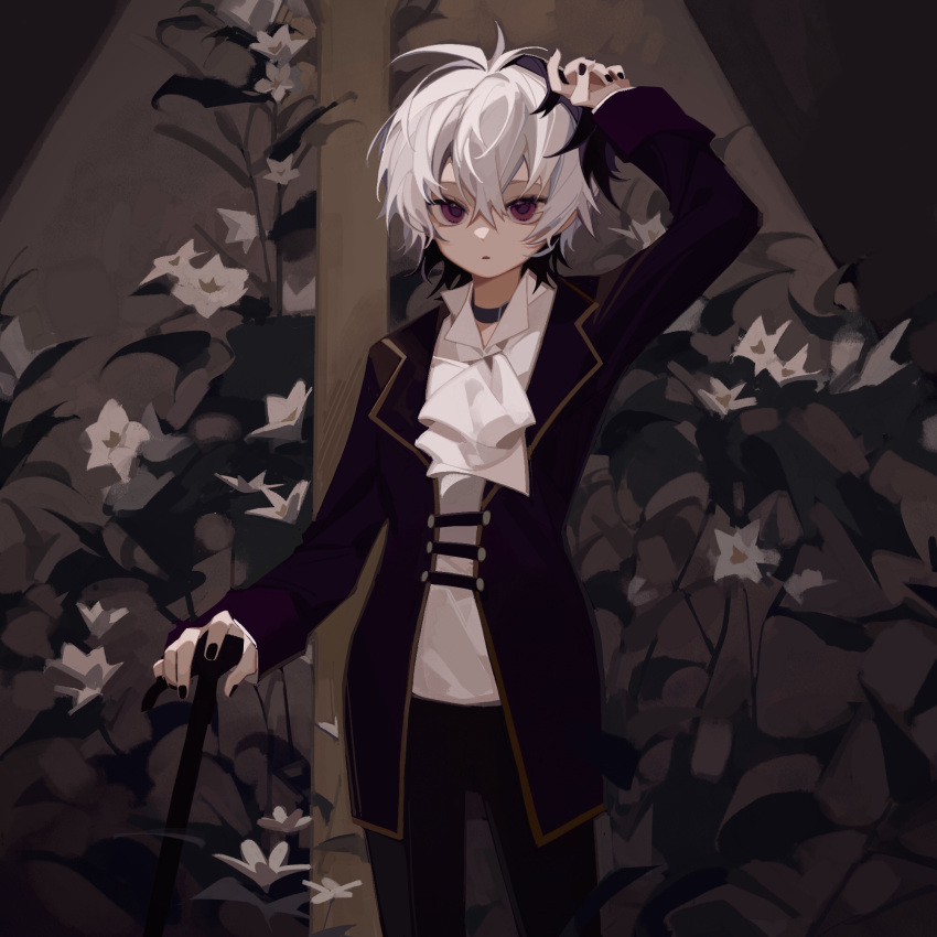 1girl alternate_costume androgynous antenna_hair arm_up ascot black_choker black_hair black_jacket black_nails black_pants cane choker collared_shirt colored_inner_hair eight-b flower_(vocaloid) flower_(vocaloid4) hair_between_eyes highres indoors jacket long_sleeves looking_at_viewer multicolored_hair nail_polish pants parted_lips purple_eyes reverse_trap shirt short_hair solo streaked_hair vocaloid white_ascot white_hair white_shirt