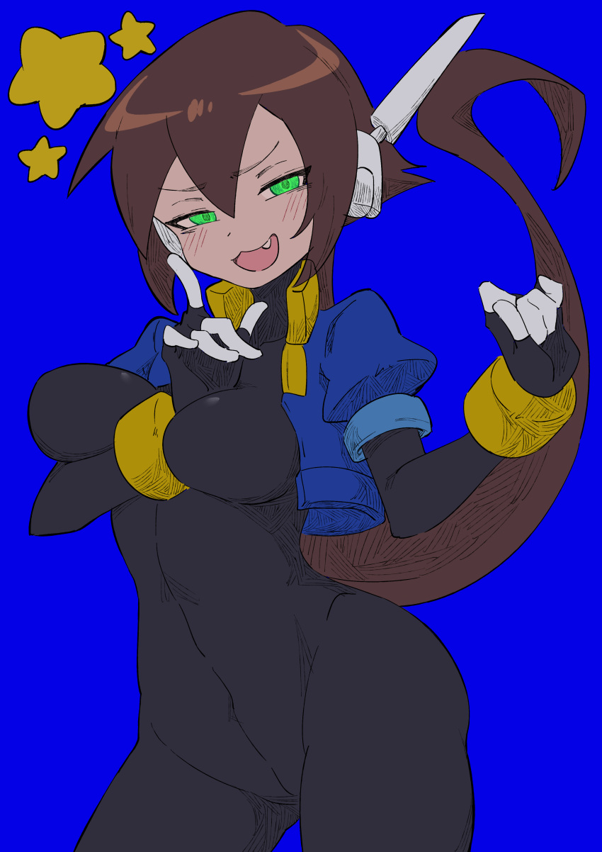 1girl absurdres aile_(mega_man_zx) black_bodysuit blue_background blue_jacket blush bodysuit bodysuit_under_clothes breasts brown_hair buzzlyears commentary covered_navel cropped_jacket fang glowing green_eyes highres jacket long_hair looking_at_viewer medium_breasts mega_man_(series) mega_man_zx mega_man_zx_advent no_pants open_clothes open_jacket open_mouth ponytail robot_ears simple_background smug solo star_(symbol)