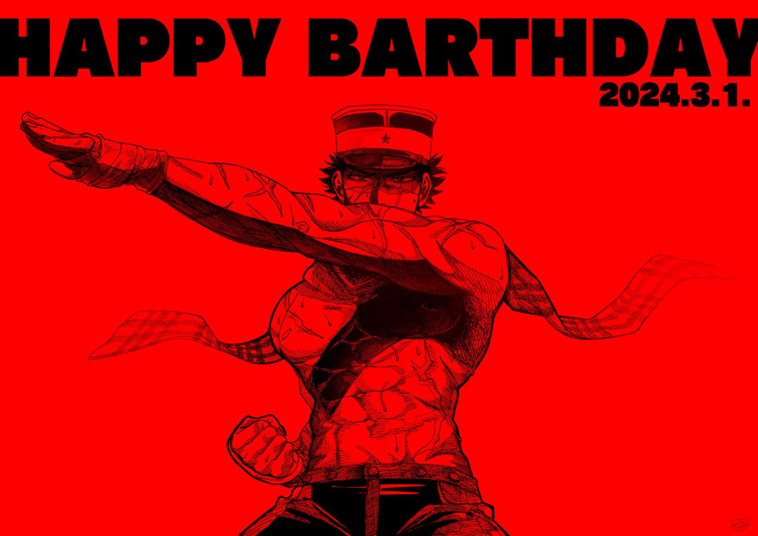 1boy arm_up birthday clenched_hand cowboy_shot dated frown golden_kamuy happy_birthday hat highres kepi krps_kyapi looking_at_viewer male_focus military_hat monochrome multiple_scars muscular muscular_male outstretched_arm red_theme scar scar_on_cheek scar_on_face scar_on_nose serious short_hair solo sugimoto_saichi topless_male