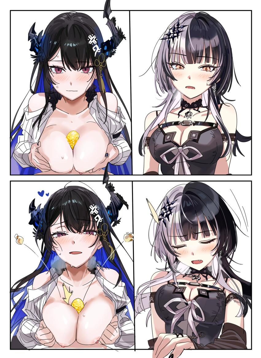 2girls absurdres asymmetrical_horns bare_shoulders black_choker black_dress black_hair black_horns black_nails blue_hair blunt_bangs blush breasts breasts_out choker cleavage closed_eyes closed_mouth collarbone colored_inner_hair colored_tips corn_cob crown demon_horns dress fang food hair_ornament heart heavy_breathing highres hololive hololive_english horns large_breasts light_smile long_hair mole mole_under_eye multicolored_hair multiple_girls nail_polish nerissa_ravencroft nerissa_ravencroft_(1st_costume) nipples off_shoulder open_clothes open_shirt paizuri parted_bangs popcorn red_eyes revision ribbed_shirt ribbon sexually_suggestive shiori_novella shiori_novella_(1st_costume) shirt slit_pupils split-color_hair streaked_hair sweat sweatdrop two-tone_hair uneven_horns virtual_youtuber white_hair white_ribbon white_shirt yellow_eyes yomosaka