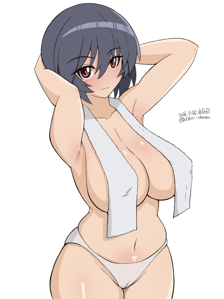 1girl absurdres armpits black_hair blush brave_witches breasts cameltoe closed_mouth dated highres large_breasts looking_at_viewer no_bra panties red_eyes shimohara_sadako short_hair signature skindentation solo towel underwear unkai_daraku white_panties world_witches_series