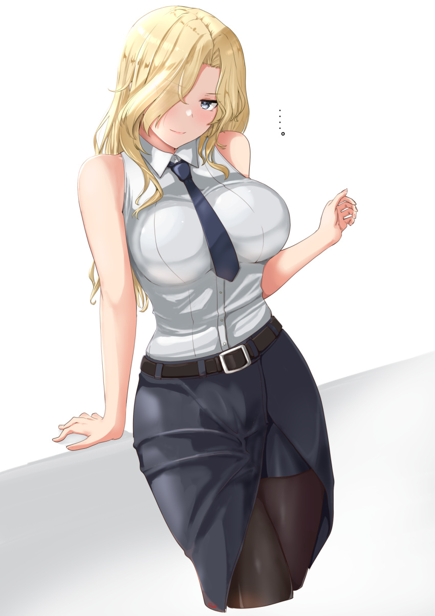 ... 1girl belt belt_buckle black_belt black_necktie black_pantyhose black_skirt blonde_hair breasts buckle collared_shirt cropped_legs dress_shirt eyes_visible_through_hair grey_eyes hair_over_one_eye highres hornet_(kancolle) jouzaburou_(joe3) kantai_collection large_breasts long_hair looking_at_viewer necktie pantyhose pencil_skirt shirt skirt sleeveless sleeveless_shirt solo white_shirt