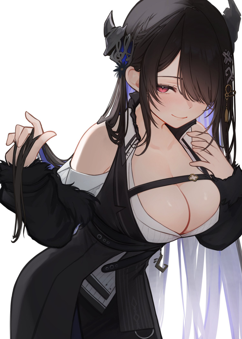 1girl asymmetrical_horns bare_shoulders black_dress black_hair black_horns blue_hair breasts chest_strap cleavage closed_mouth clothing_cutout colored_inner_hair commentary demon_girl demon_horns dress english_commentary hair_ornament hair_over_one_eye highres hololive hololive_english horns large_breasts leaning_forward long_hair looking_at_viewer multicolored_hair nerissa_ravencroft nerissa_ravencroft_(1st_costume) parted_bangs red_eyes seductive_smile shirt shou3_2 shoulder_cutout simple_background smile solo uneven_horns very_long_hair white_background white_shirt